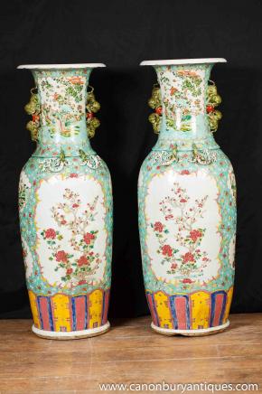 Pair Chinese Porcelain Vases XL Famille Rose Vases Urns Amphora Ceramic Pottery
