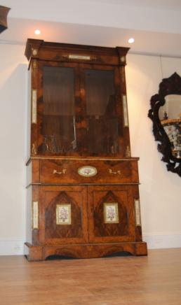 Walnut Victorian Secretaire Bookcase Cabinet Sevres Plaques