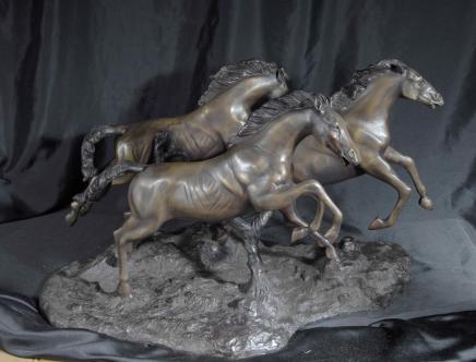 XL French Bronze Casting 3 Horses Horse Statue Pony