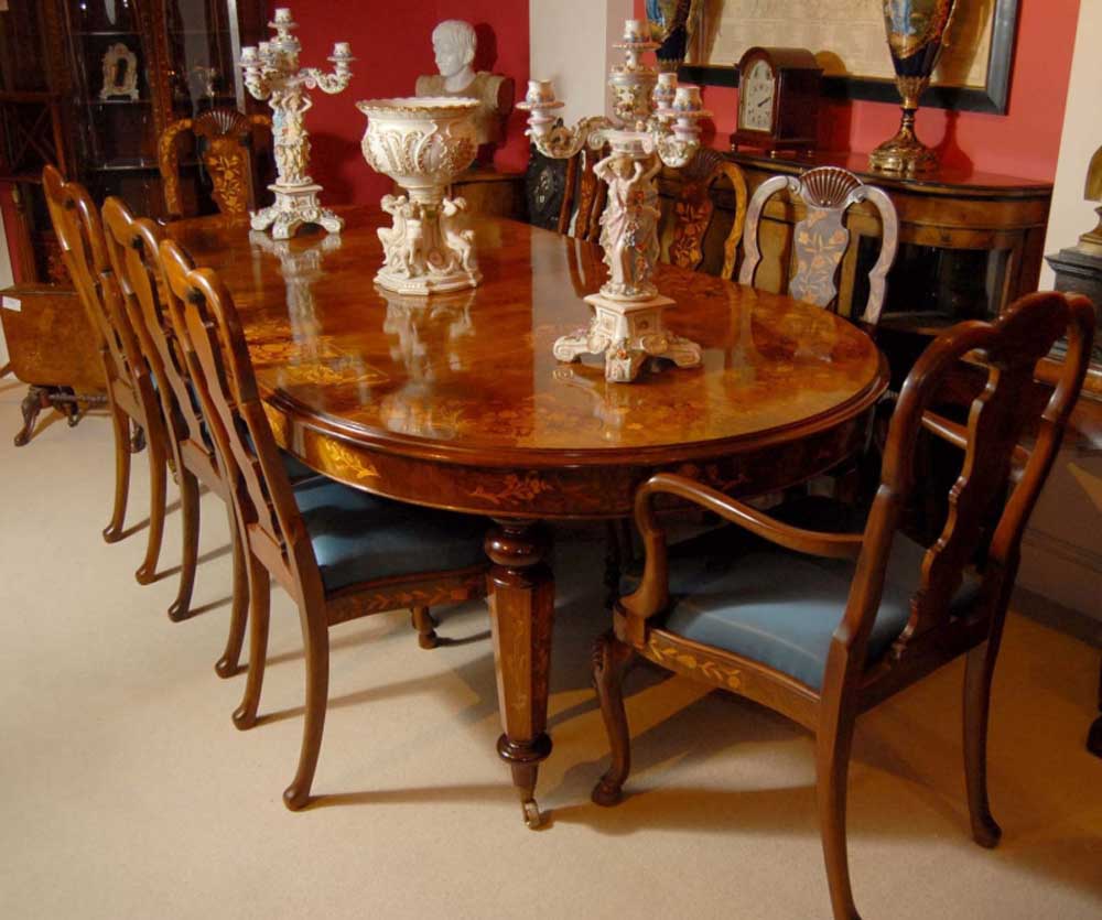 8 foot Italian Marquetry Dining Table 8 Queen Anne Chairs