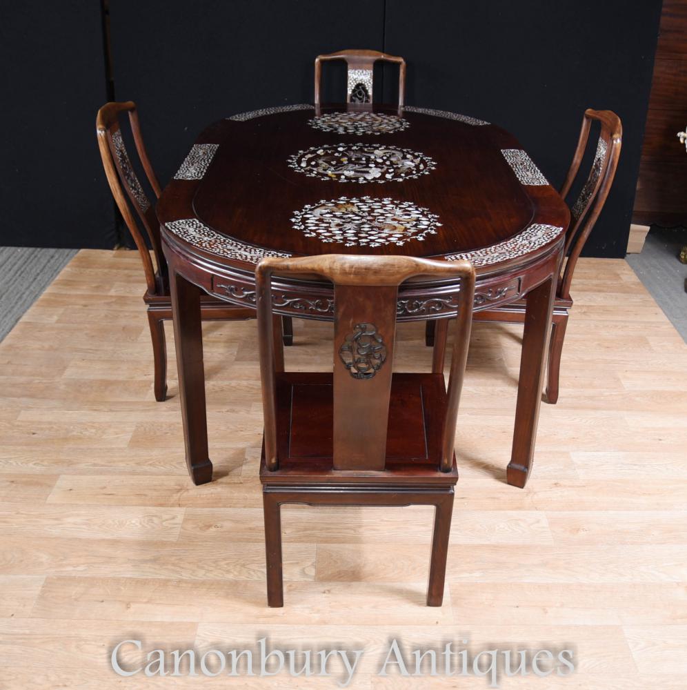 Antique Chinese Dining Set Table and Chairs Mother of Pearl Inlay