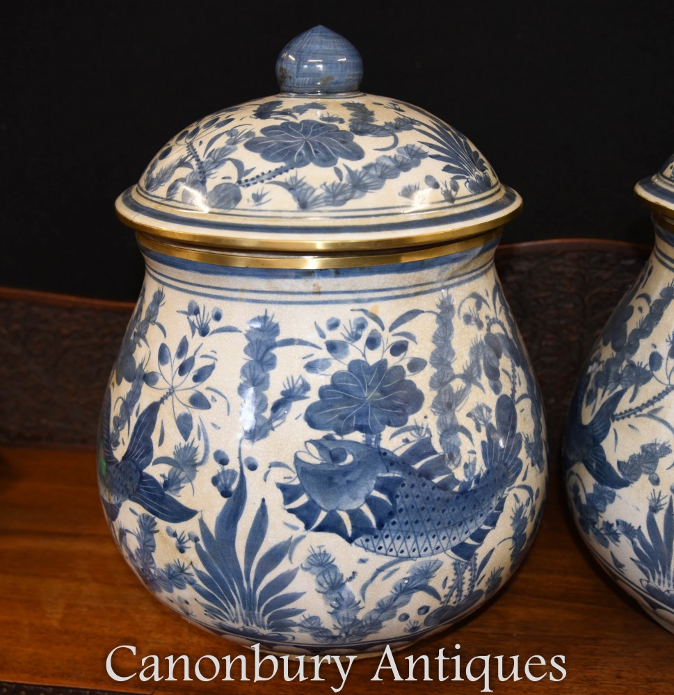 Blue and White Porcelain Lidded Urns Vases Pots Ming