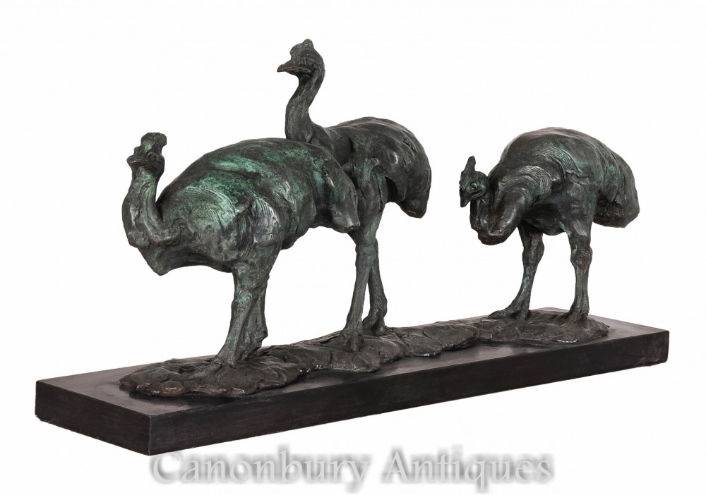 Handmade Handcrafted Solid Bronze Statuette Figurine Statue Figure Sculpture of Ostrich Camel-bird Natural Obsidian Gemstone Stand Pedestal