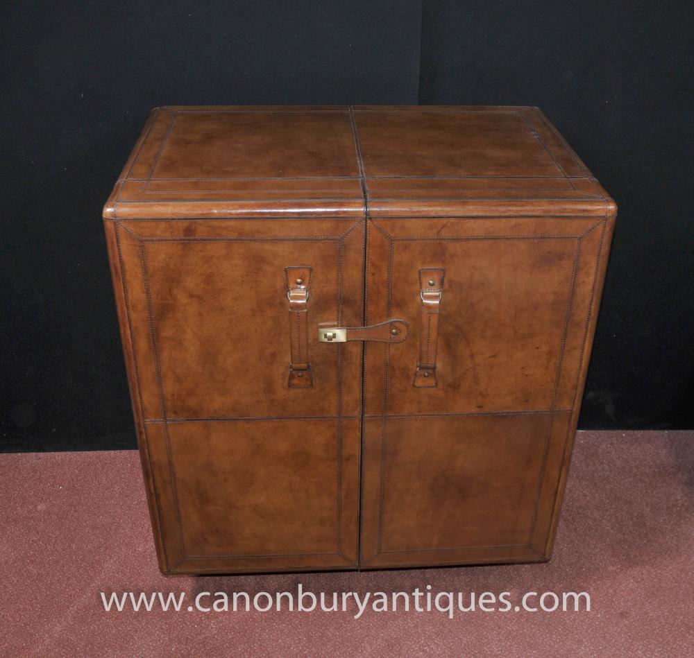 English Campaign Furniture Leather Drinks Cabinet Cocktail Chest