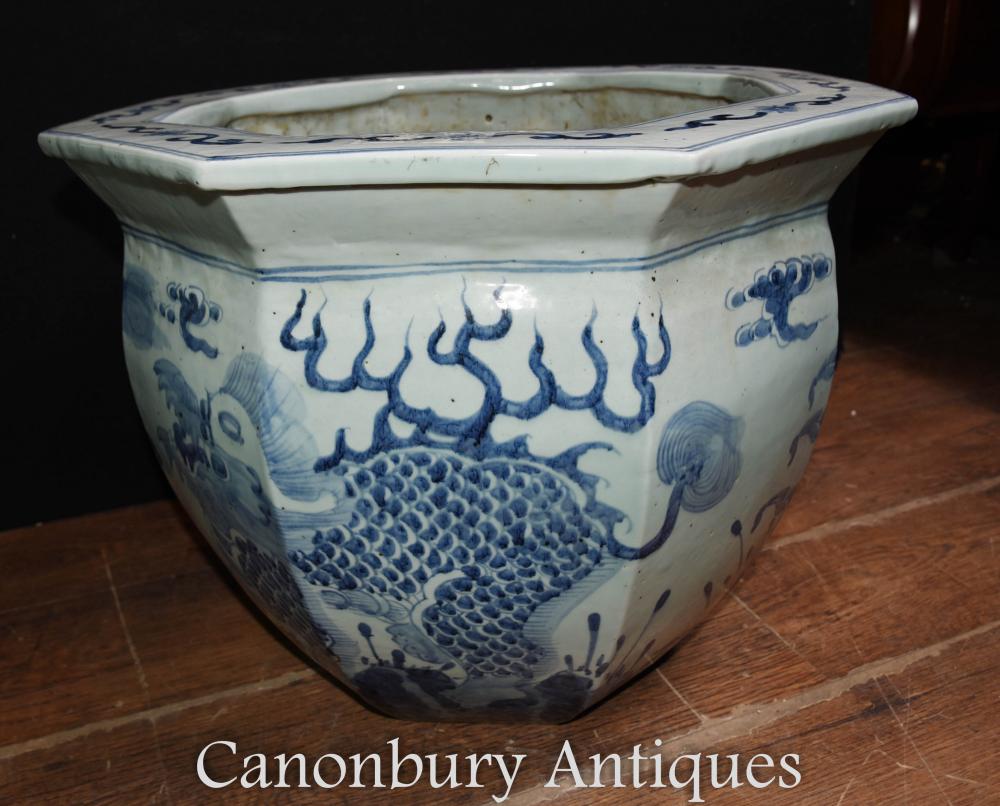 Pair Chinese Blue and White Porcelain Planters Pots Dragon