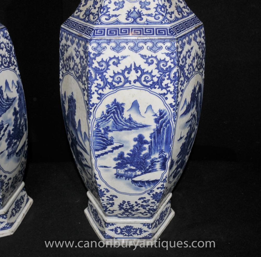 Pair Chinese Ming Porcelain Blue and White Vases Urns Octagonal Ceramic