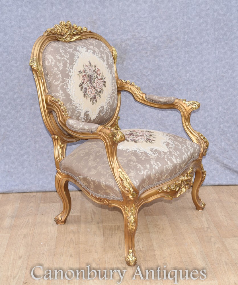 Pair Gilt Arm Chairs Louis XVI Accent Seats