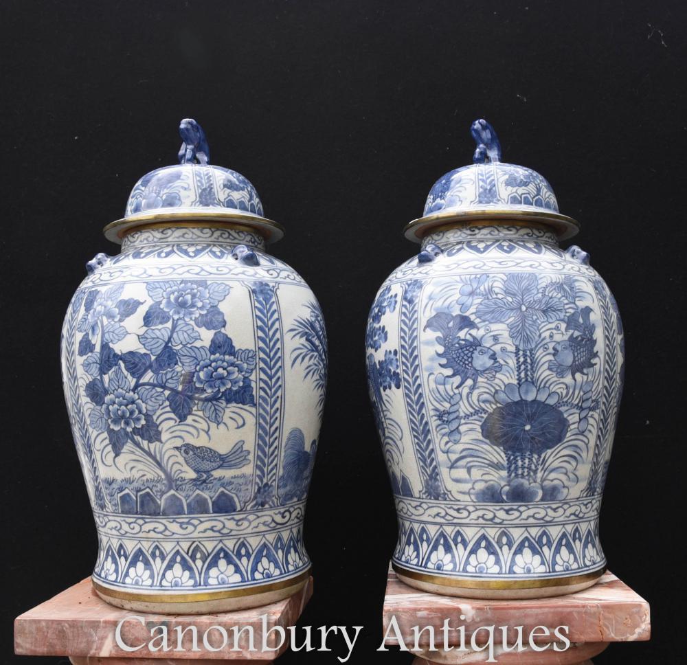 Pair Large Chinese Blue and White Porcelain Urns Ginger Jars