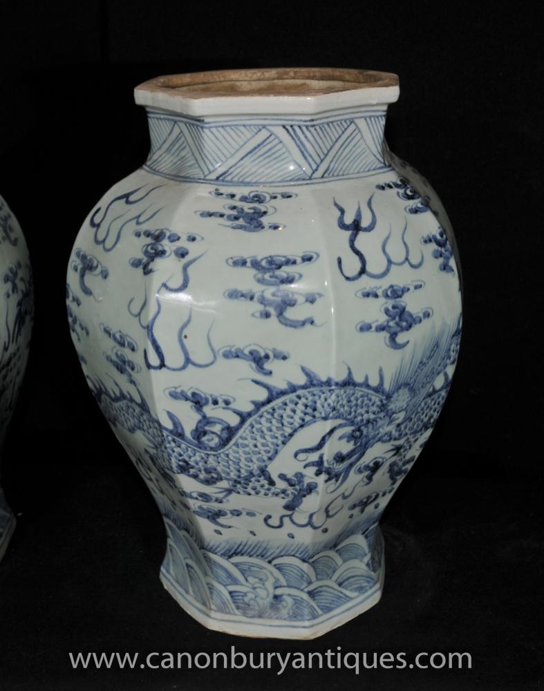 Pair Ming Blue and White Porcelain Temple Jars Vases Urns Chinese Ceramic