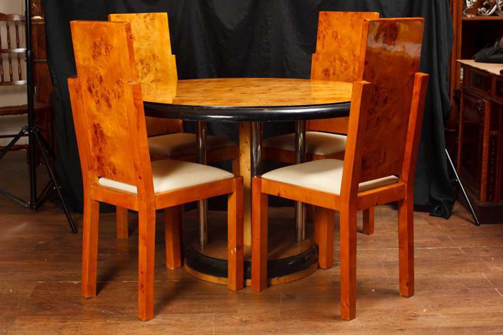 Art Deco Walnut Dining Table Chair Set, Antique Art Deco Dining Table And Chairs Set