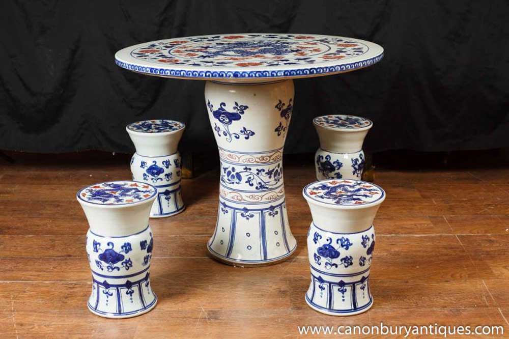 Chinese Nanking Porcelain Table Chair Garden Set Seat Stool Pottery Chairs