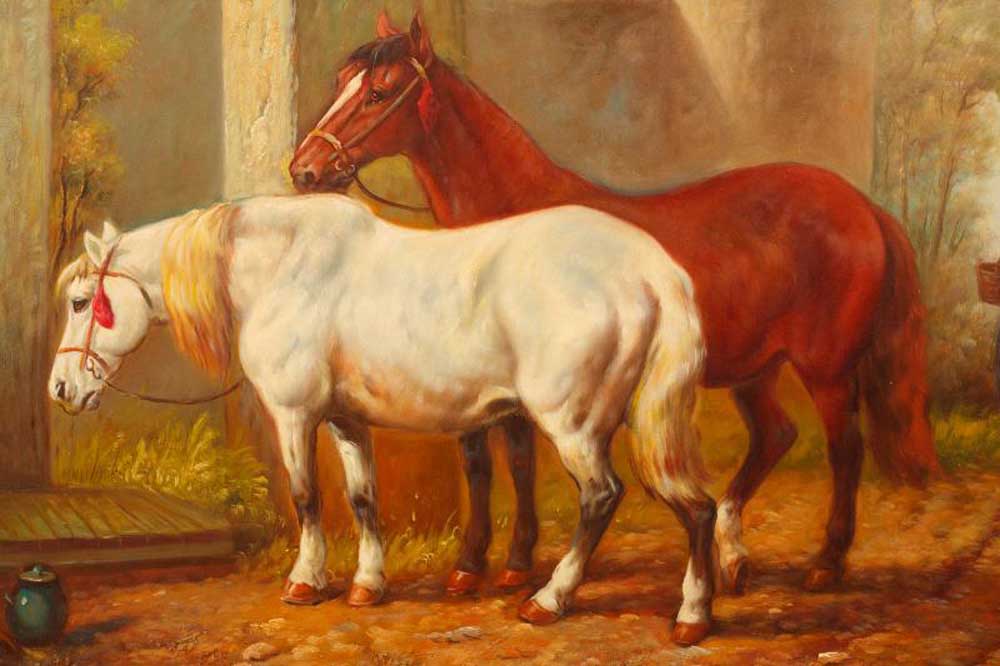 English Oil Painting Horses Horse Portrait Gilt Frame Art