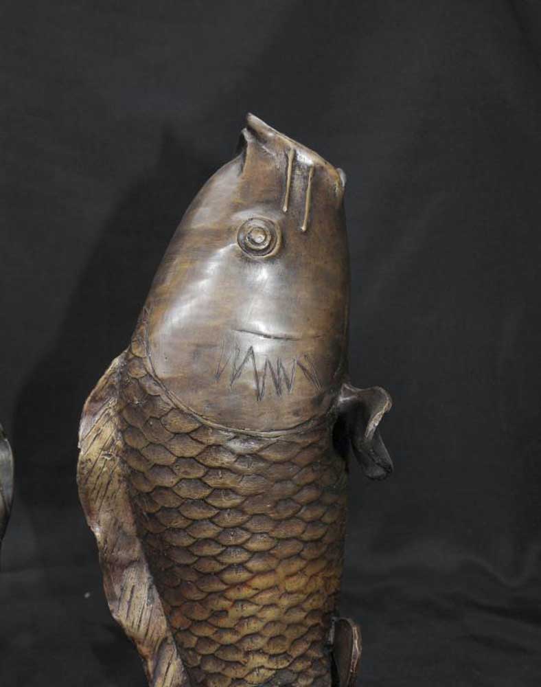 Two Ancient Japan pure Bronze sculpture Vivid cyprinoid carp Fish 1 pair 