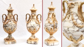 Pair French Marble Cassoulets Urns Antique Vases Amphora Form 1890






