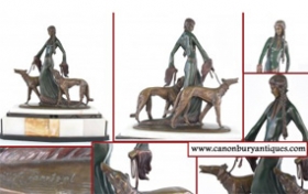 Art Deco Bronze Aristocrats Borzoi Dogs Figurine Signed Poertzel















