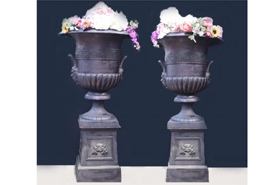 Pair Cast Iron Garden Urns - XL English Campana Planters

















