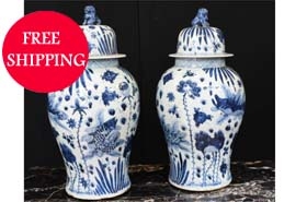 Chinese Ming Ginger Jar Urns - Blue and White Porcelain Vases



