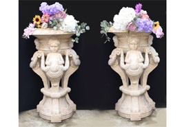 Pair Sienna Marble Cherub Urns - Garden Stone Statues









 

