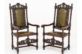 Pair Jacobean Oak Chairs Carver 1880









 