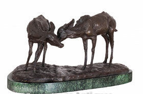 Pair Bronze Deer Statues - Doe Stag Animal Castings





















 