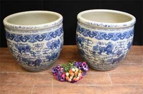 Pair Chinese Ming Planters - Blue and White Porcelain 
















 
