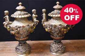Pair French Art Nouveau Antique Bronze Garden Urns Vases Cherub










