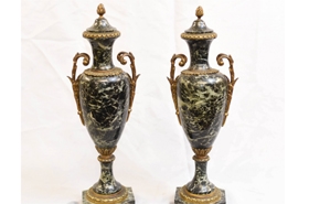 Pair French Marble Urns - Antique Empire Cassoulet Vases















