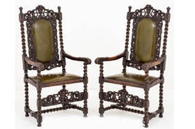 Pair Jacobean Oak Chairs Carver Arm Chairs Farmhouse 1880











