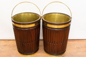 Pair Mahogany Peat Bucket Planters Brass Fittings


