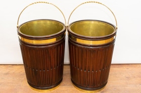 Pair Mahogany Peat Bucket Planters Brass Fittings















