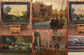 Pair Antique Dutch Oil Paintings Boat Scenes Riverscape 1860












