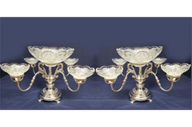 Pair Silver Plate Epergnes Centerpiece Glass Dish












