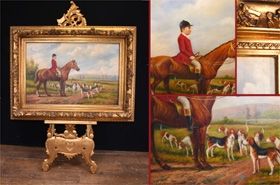 Fox Hunting Oil Painting Ready for The Hunt Gilt Frame














