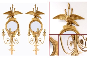 Pair Carved Gilt Eagle Regency Mirrors Sconce Girandole









