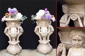 Pair Sienna Marble Cherub Urns - Garden Stone Statues










