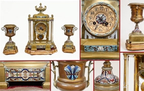 French Clock Set Garniture Champleve Antique Clocks 1860

























