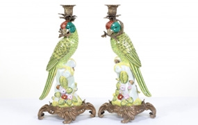 Pair French Parrot Candelabras Porcelain and Ormolu Candles





 



















