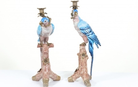 Pair Porcelain Parrot Candelabras Tropical Bird Candles




 
























