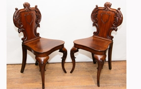 Pair Victorian Hall Chairs - Antique 1840 Carved Seats

 
























