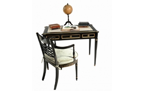 Regency Black Lacquer Desk and Chinese Chair Set Chinoiserie







 


















